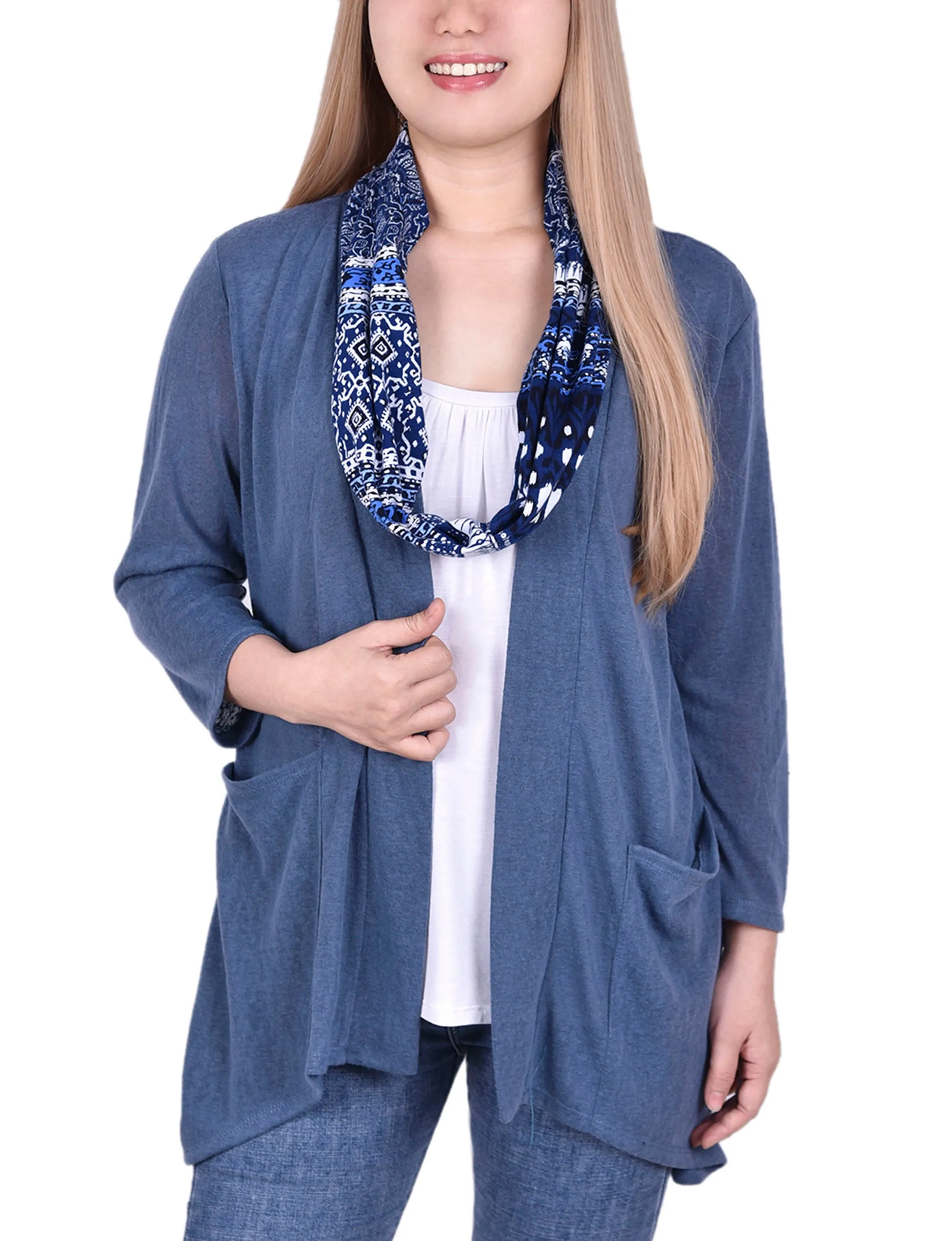 Cardigan With Inset And Detachable Printed Scarf