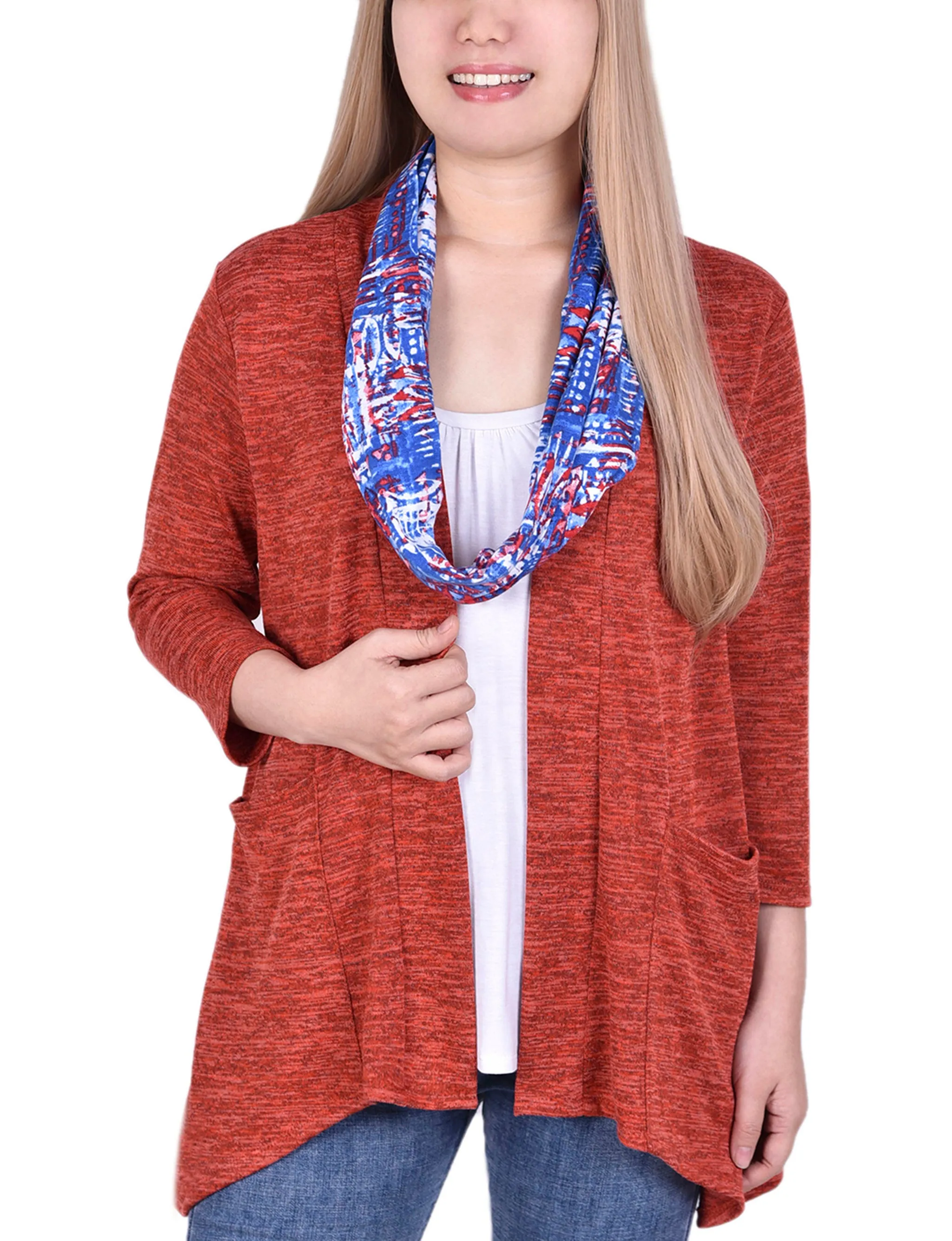 Cardigan With Inset And Detachable Printed Scarf