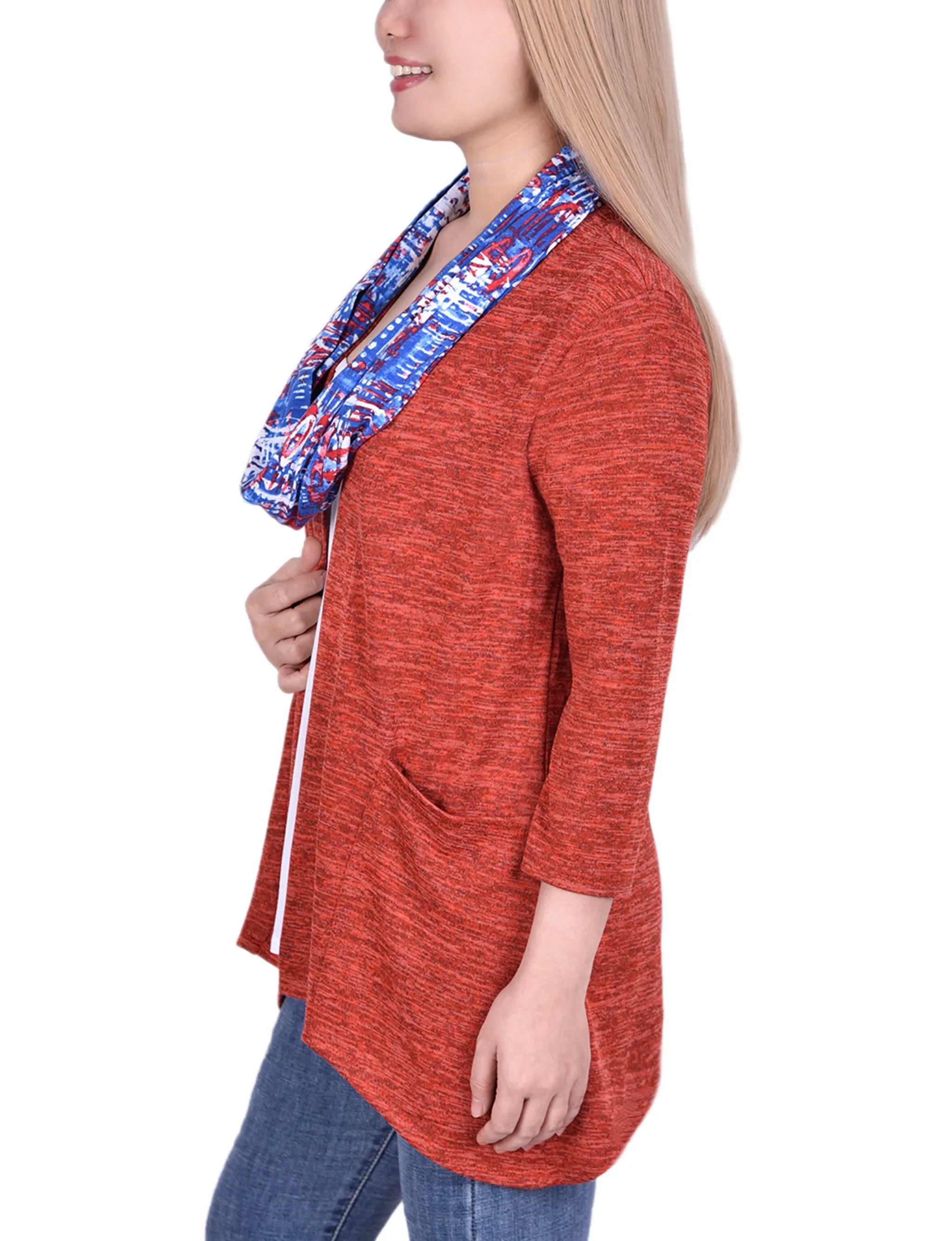 Cardigan With Inset And Detachable Printed Scarf