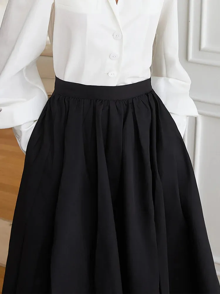 Casual Ruched Minimalist Solid Midi Skirt For Women High Waist A Line Solid Elegant Long Skirts Female Clothing