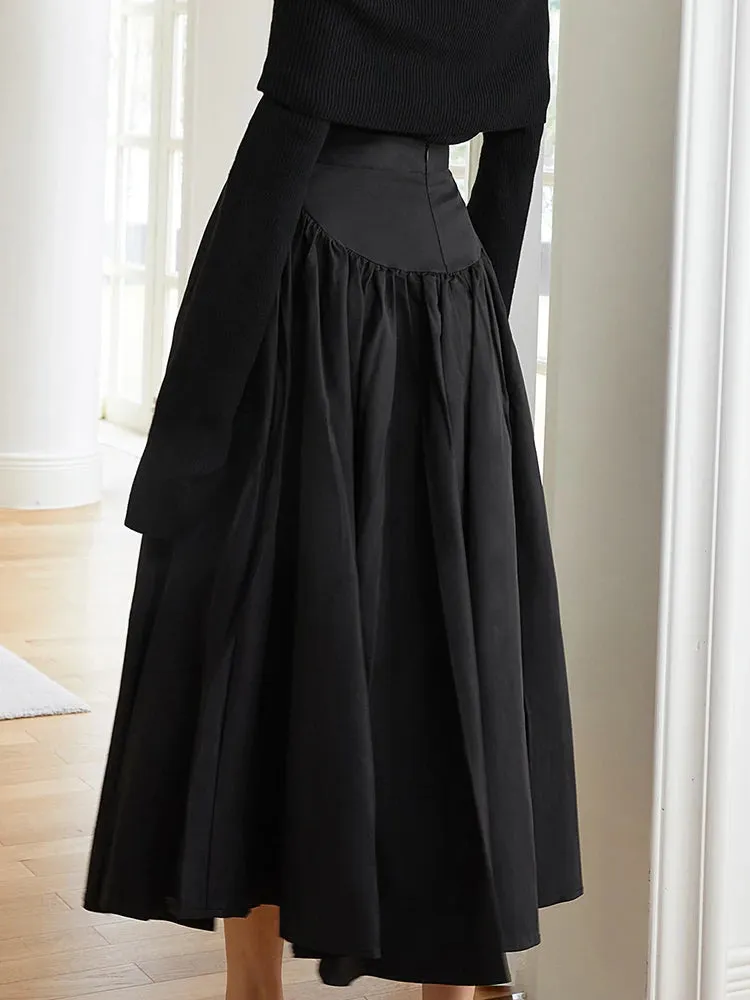 Casual Ruched Minimalist Solid Midi Skirt For Women High Waist A Line Solid Elegant Long Skirts Female Clothing