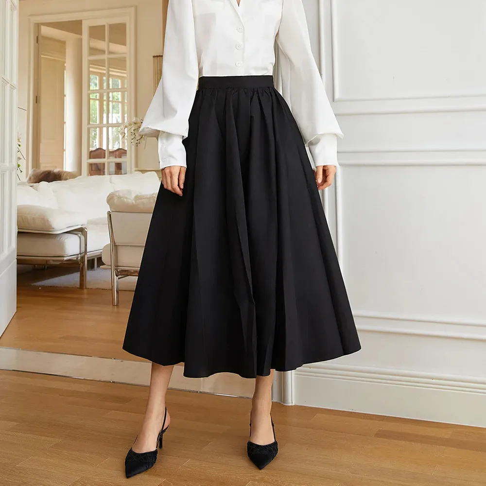 Casual Ruched Minimalist Solid Midi Skirt For Women High Waist A Line Solid Elegant Long Skirts Female Clothing