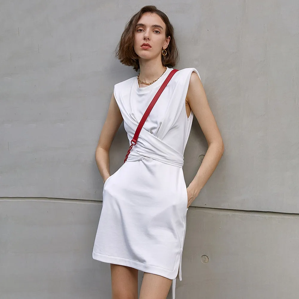 Casual White Mini Dress For Women Round Neck Sleeveless High Waist Solid Minimalist Dresses Female Fashion Clothing