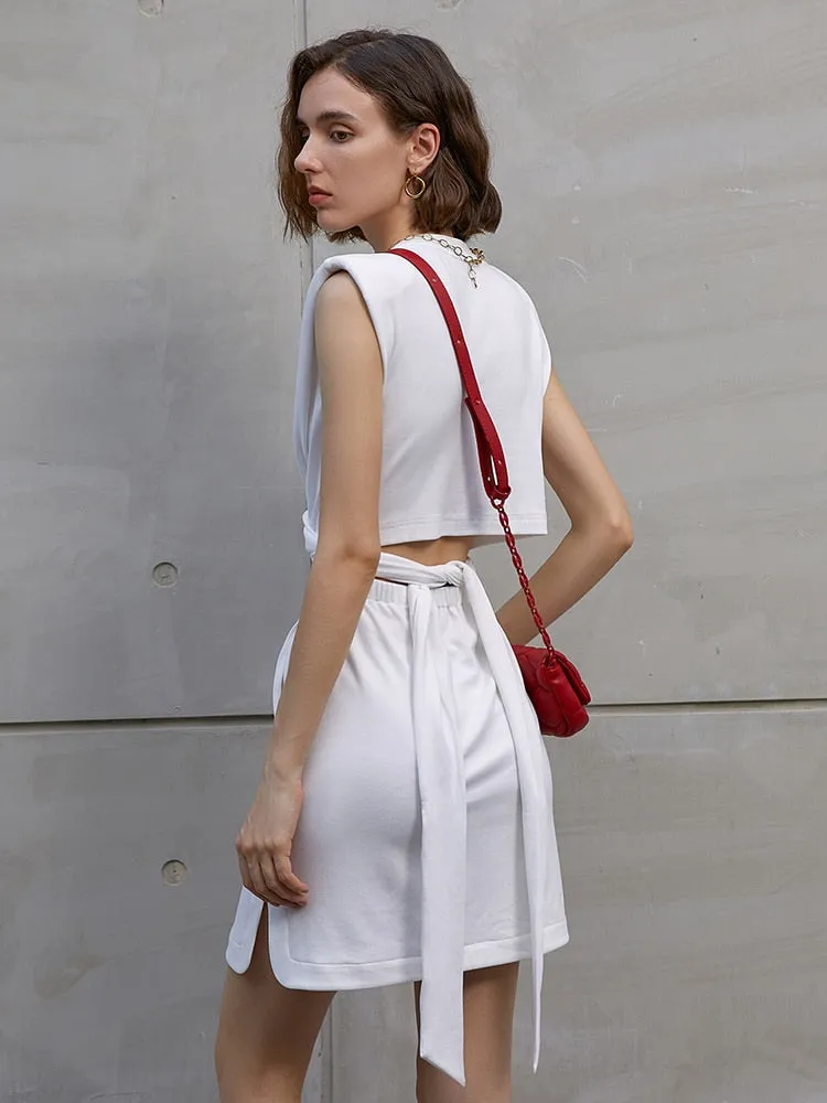 Casual White Mini Dress For Women Round Neck Sleeveless High Waist Solid Minimalist Dresses Female Fashion Clothing