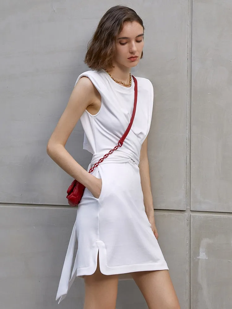 Casual White Mini Dress For Women Round Neck Sleeveless High Waist Solid Minimalist Dresses Female Fashion Clothing