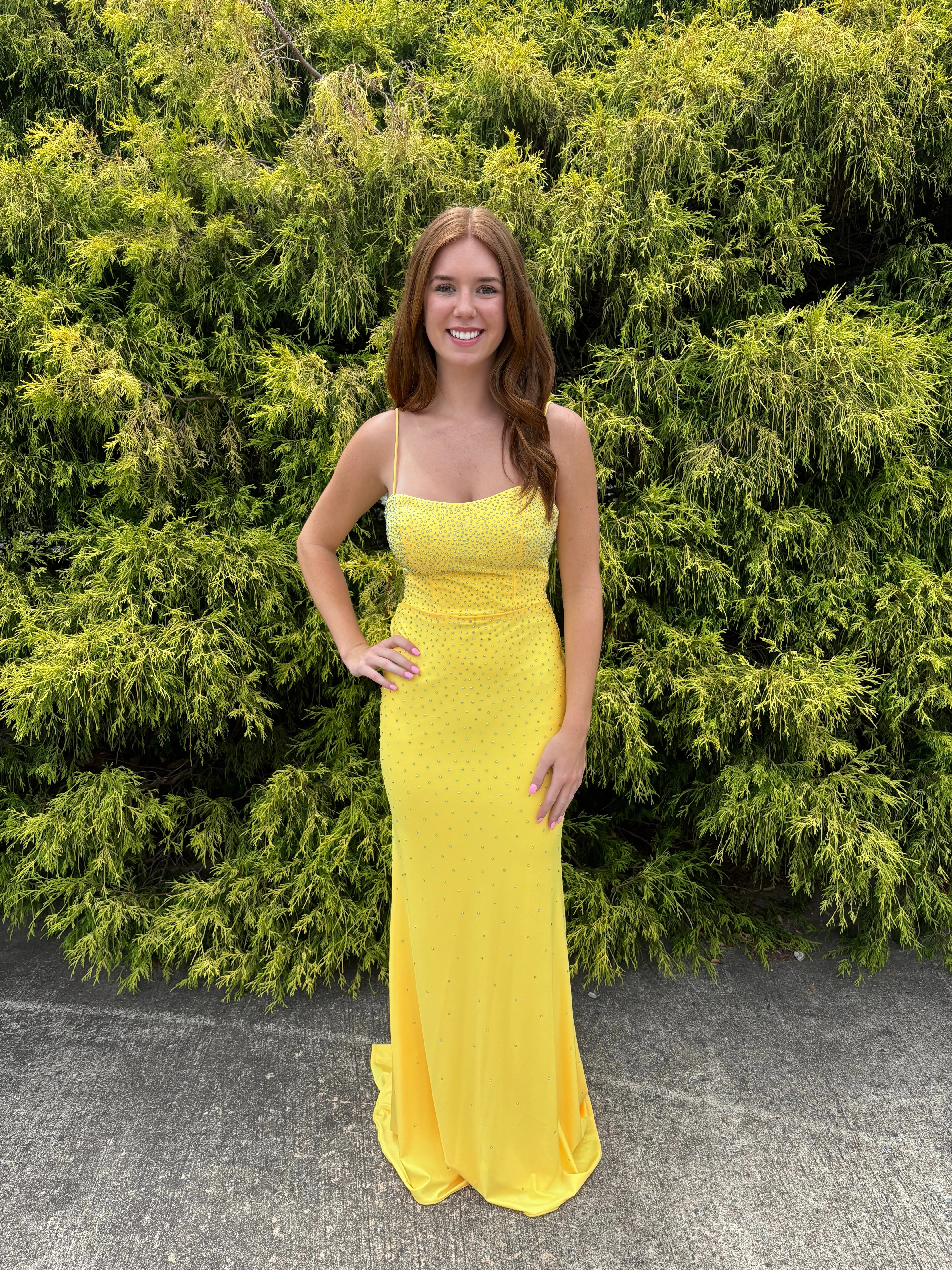 Cecilia Couture 1502 Pineapple Yellow Fitted Sheath Dress with Lace Up Back