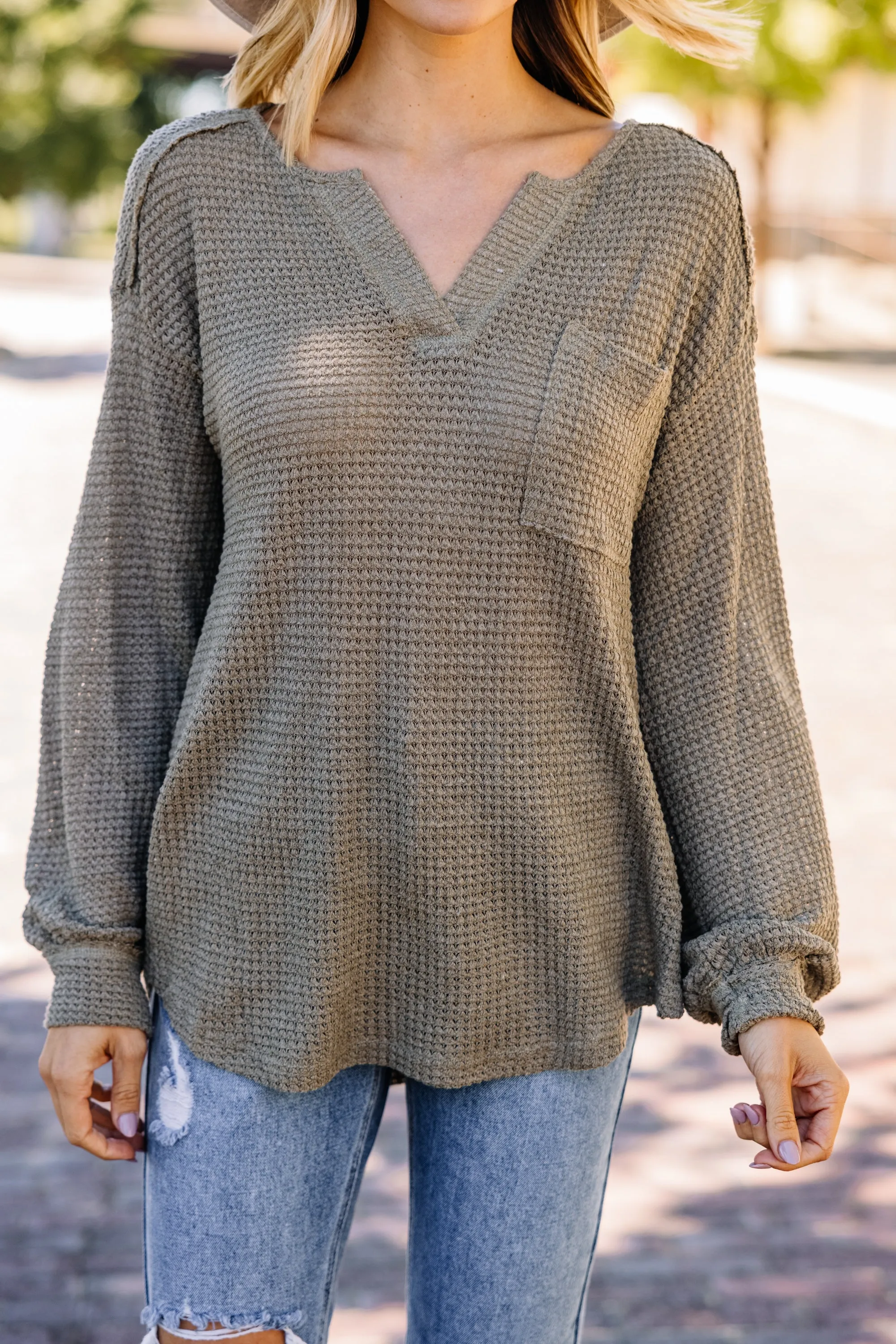 Check On You Olive Green Waffle Knit Top