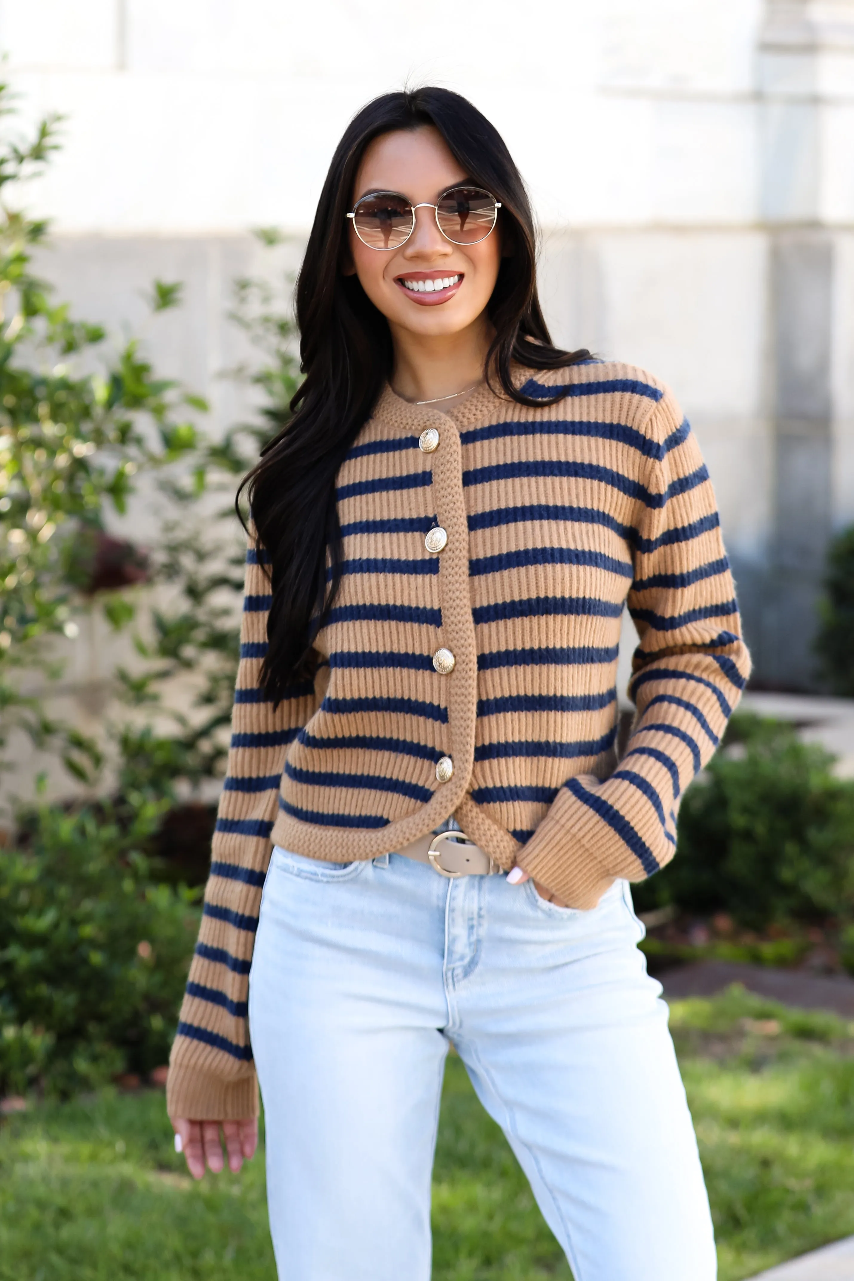 Chicest Option Camel Striped Sweater Cardigan