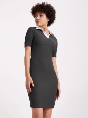 Collared Rib Knit Dress - Grey And White