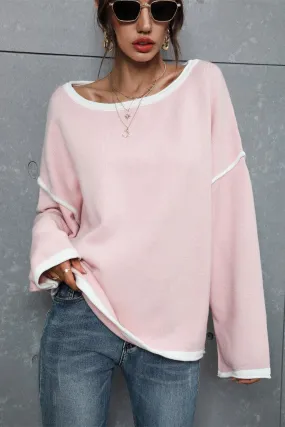 Contrast Detail Dropped Shoulder Knit Pullover