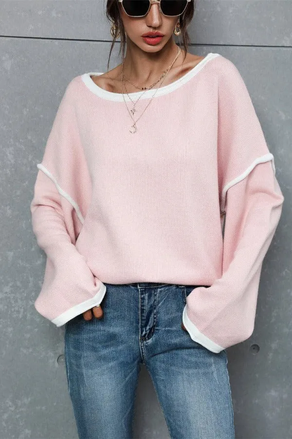 Contrast Detail Dropped Shoulder Pullover