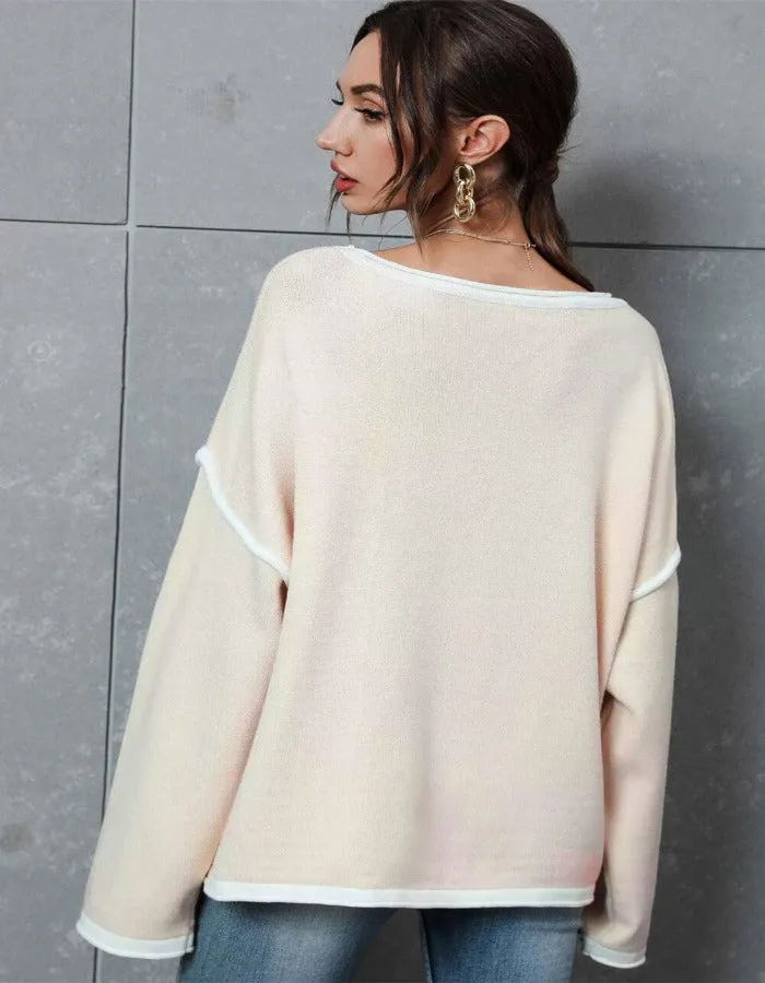 Contrast Detail Dropped Shoulder Pullover