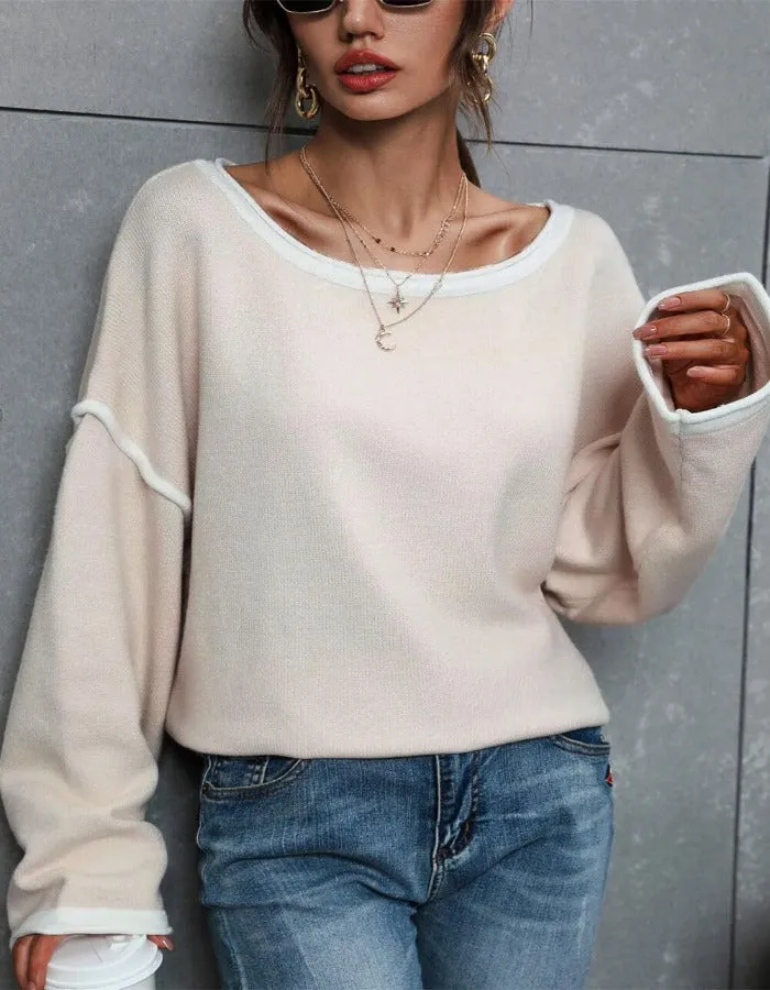 Contrast Detail Dropped Shoulder Pullover