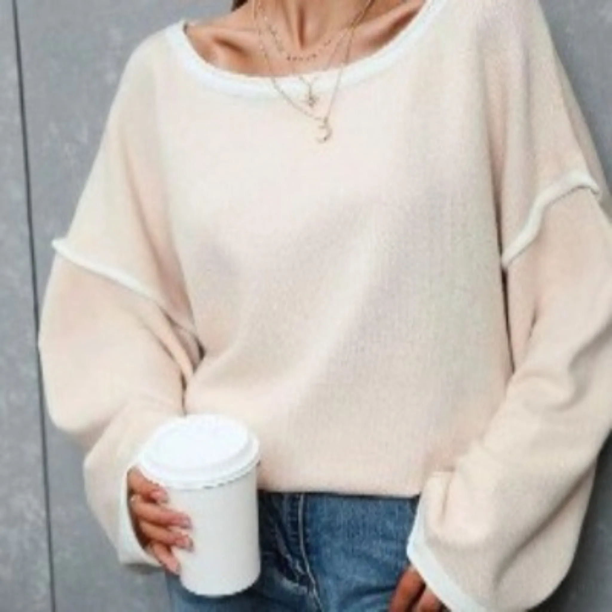 Contrast Detail Dropped Shoulder Pullover