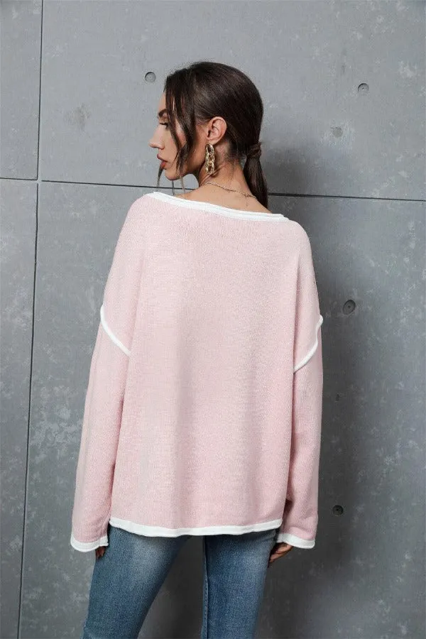 Contrast Detail Dropped Shoulder Pullover