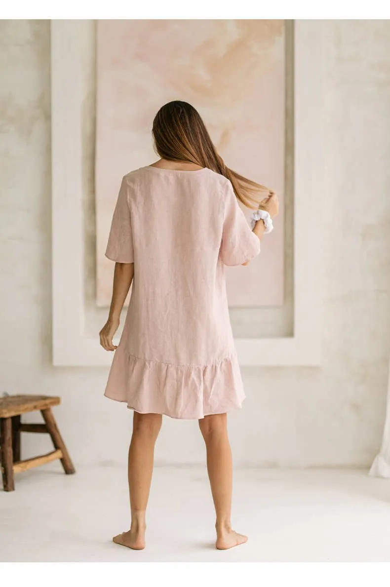 COTTON AND LINEN V-NECK SINGLE-BREASTED DRESS_CWDSD4144