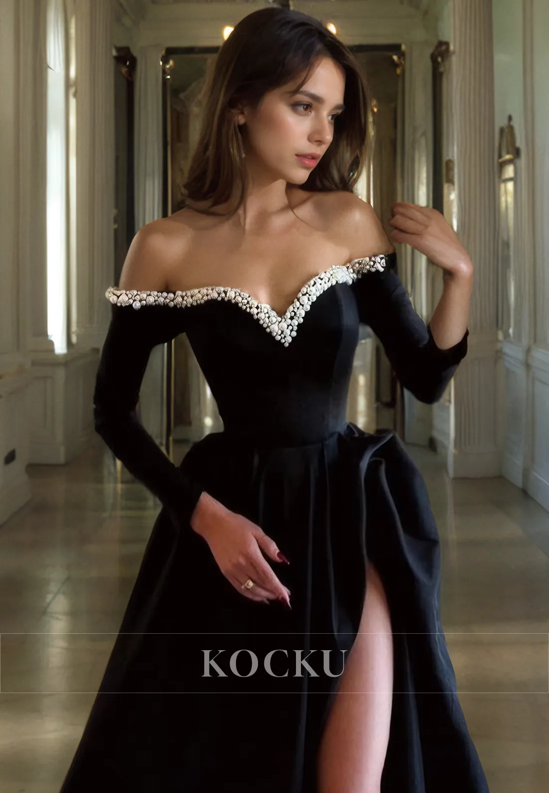 Couture & Ornate V-Neck Long sleeves A-Line Peals Evening Party Prom Dress