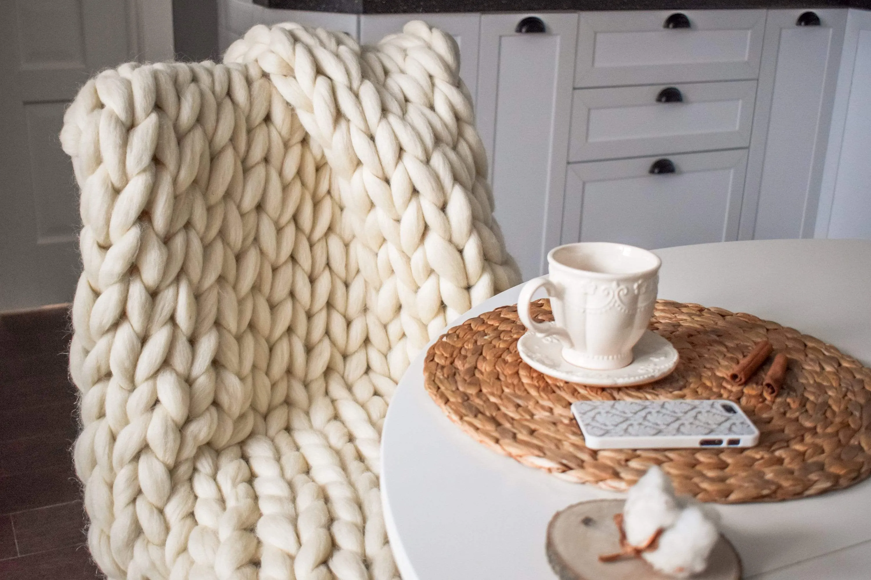 Cozy Ivory Chunky Knit Wool Blanket