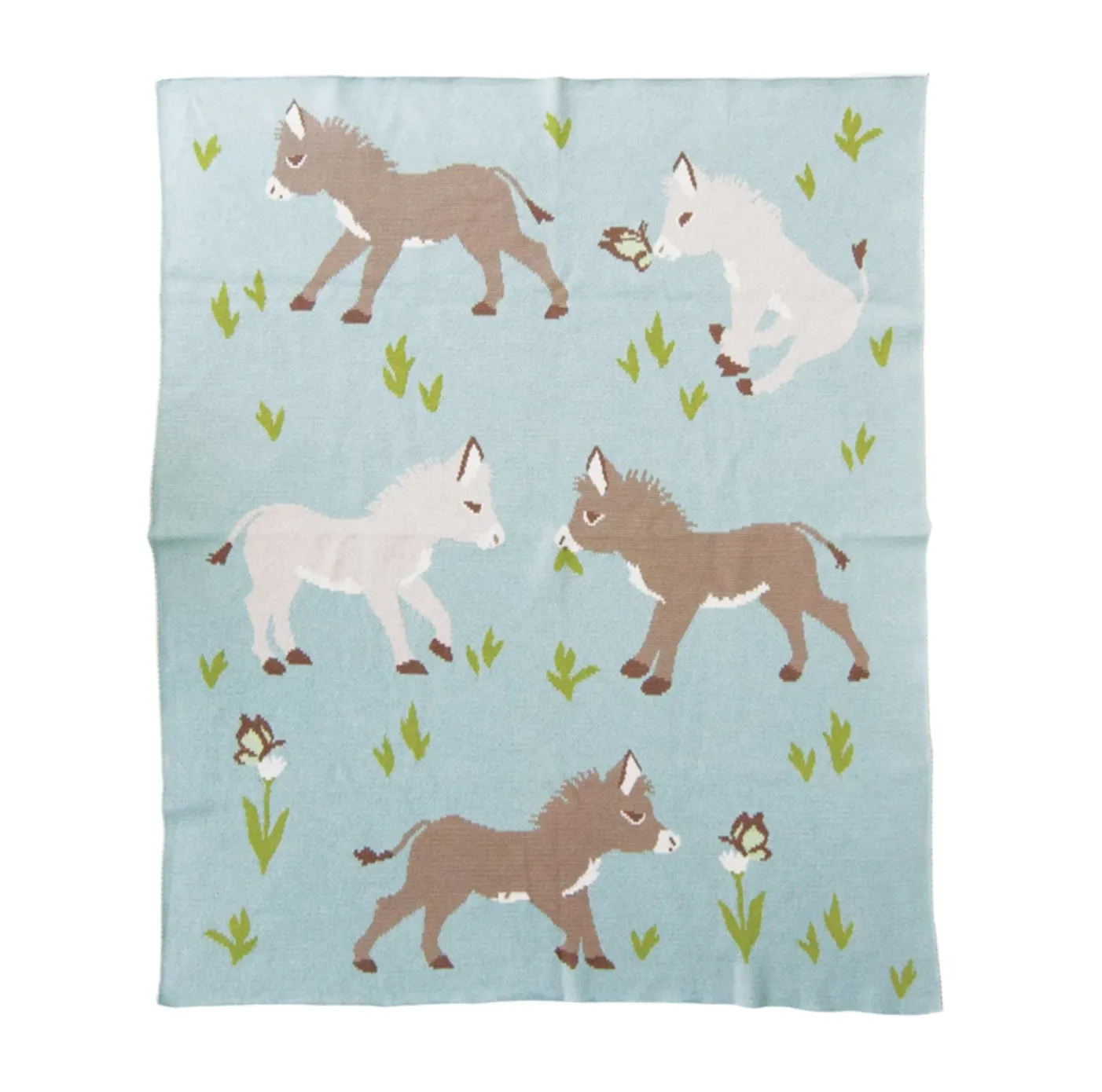 Creative Co-Op Cotton Knit Baby Blanket with Donkeys and Flowers