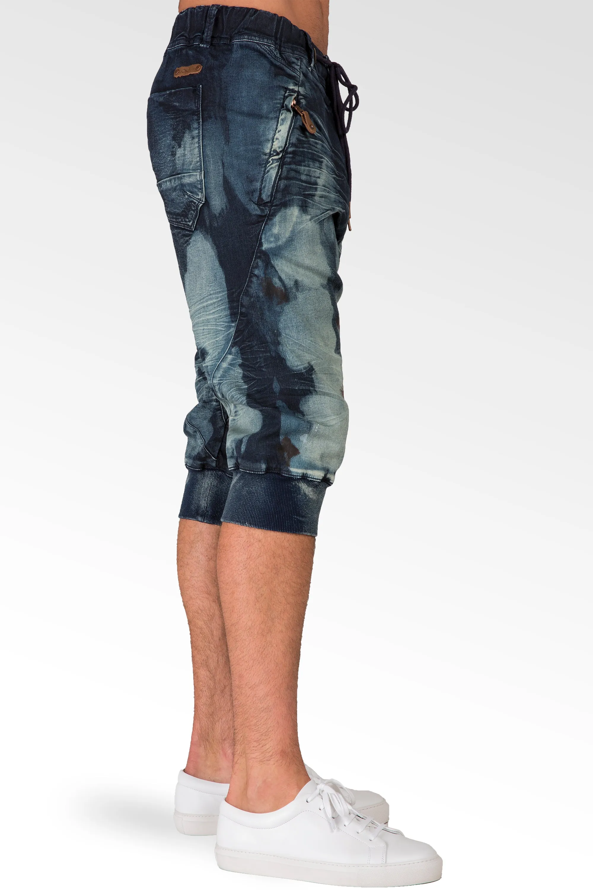 Dark Blue Clouded Wash Premium Knit Denim Jogger Capri Short, Rib Bottom 3D Whiskering 18" Inseam