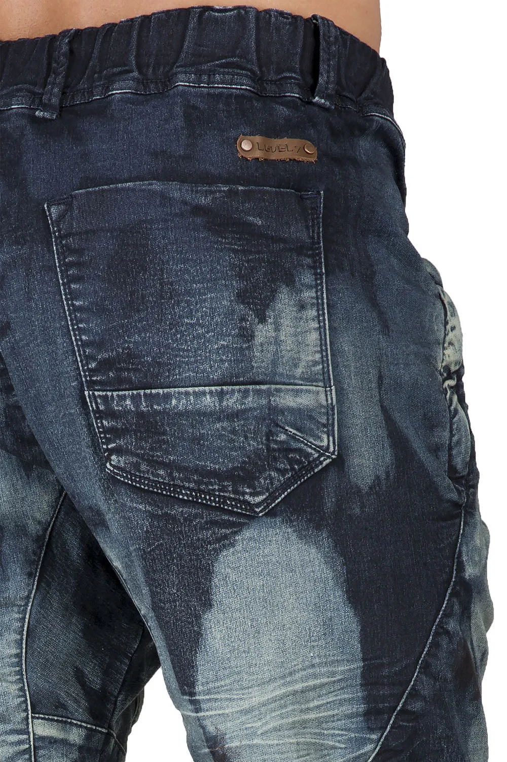 Dark Blue Clouded Wash Premium Knit Denim Jogger Capri Short, Rib Bottom 3D Whiskering 18" Inseam