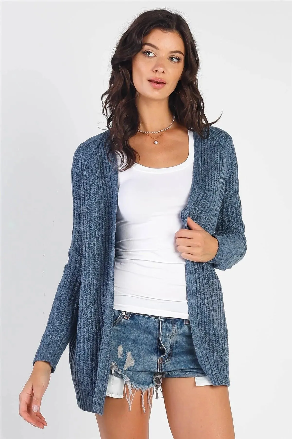 Dark Blue Open Front Cable-Knit Long Sleeve Cardigan