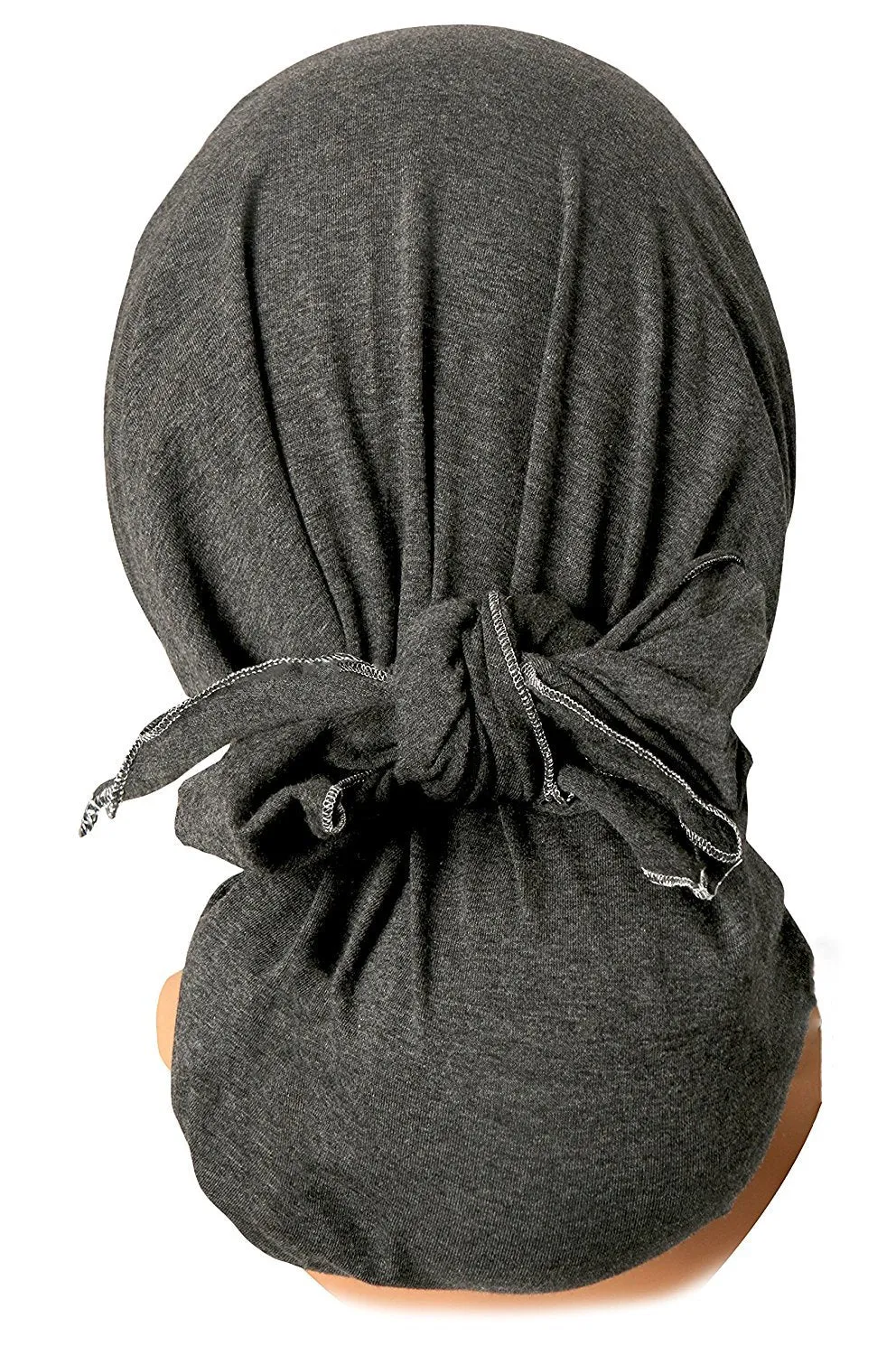 Dark Grey Pre-tied Head-scarf Tichel Cotton Boho Chic ShariRose With Metallic Silver Over-Lock! (Charcoal silver grey long - 412)