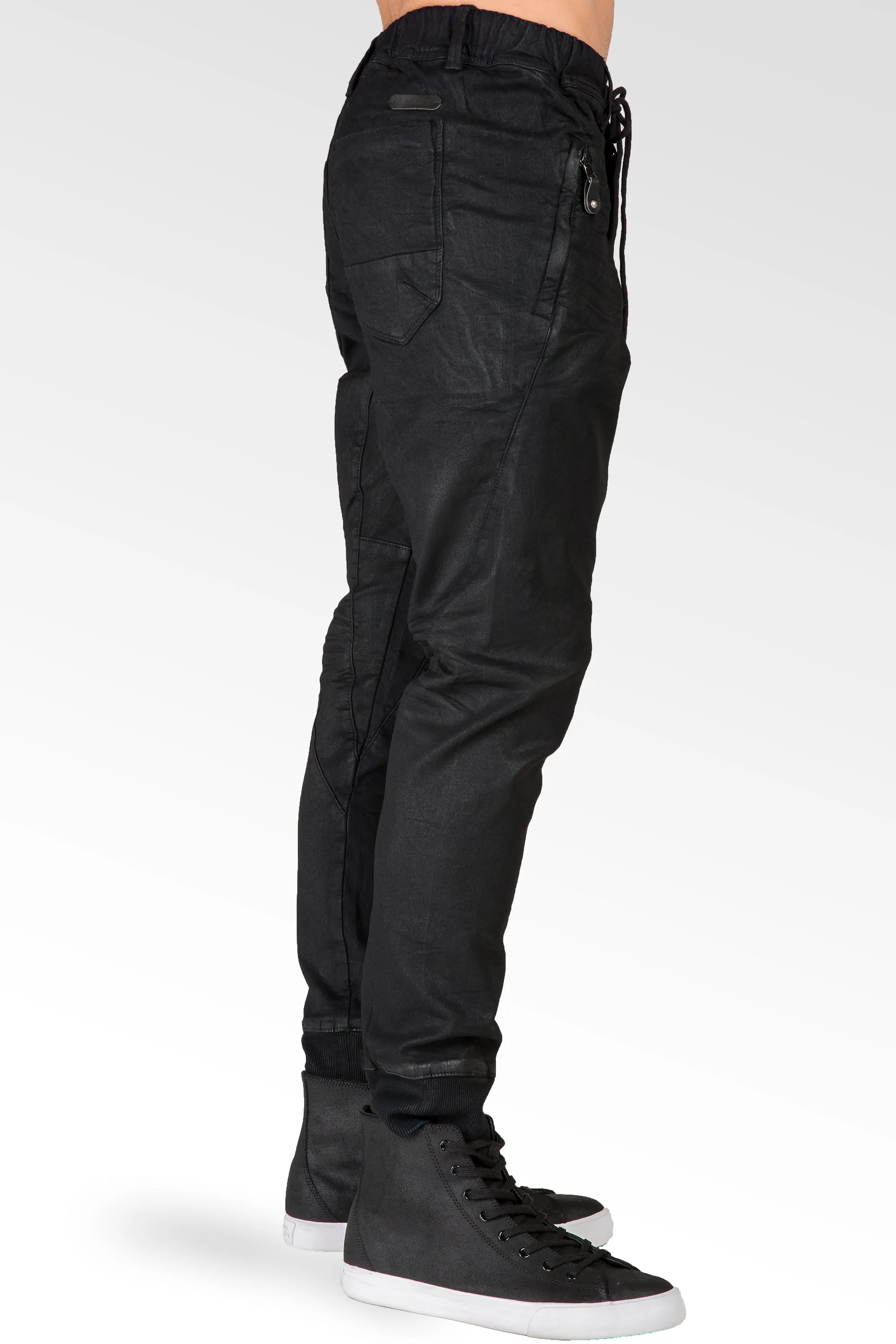 Dark Indigo Premium coated Knit Denim Jogger Jeans, Drop Crotch, Whiskering Wash