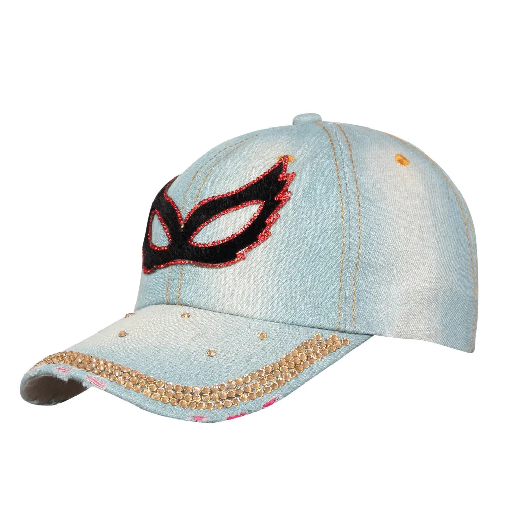 Denim Flare Light Blue Studded Cap for Women and Girls, Adjustable strap