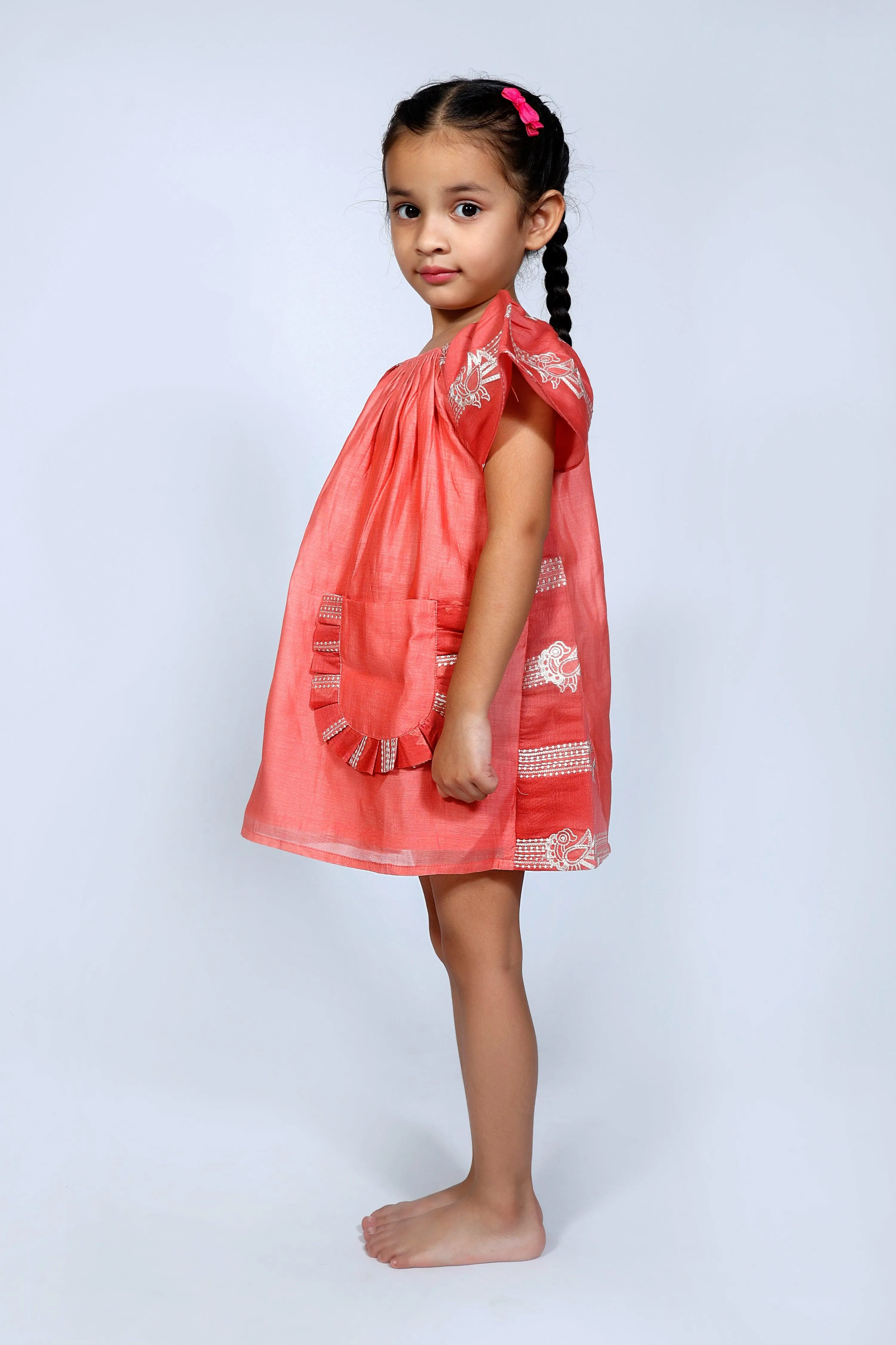 Designer Chanderi Dress with Embroidered Frills for Girls - Red