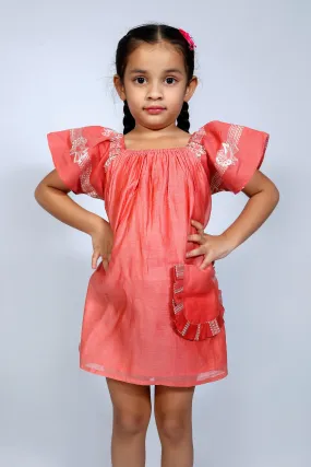 Designer Chanderi Dress with Embroidered Frills for Girls - Red