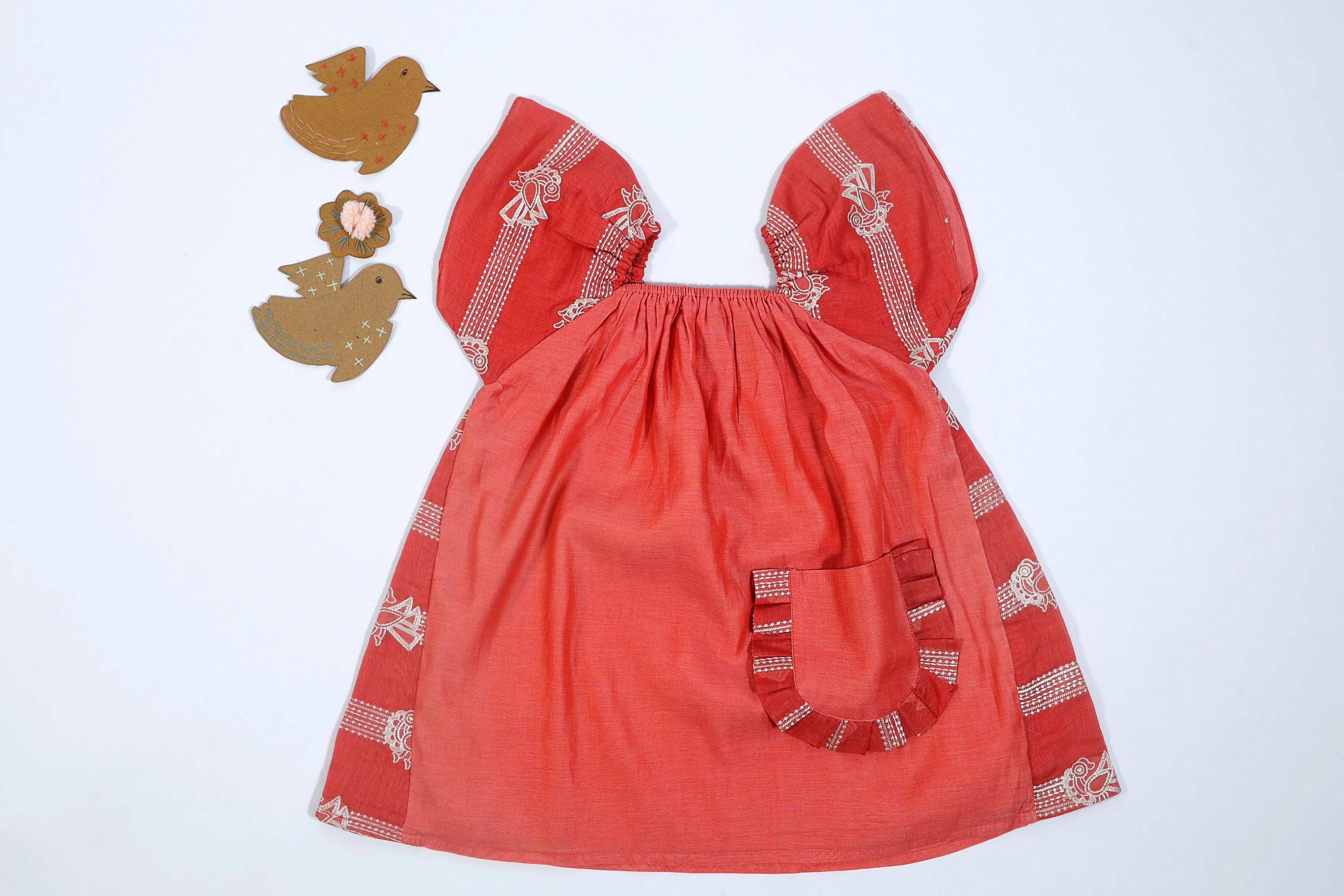 Designer Chanderi Dress with Embroidered Frills for Girls - Red