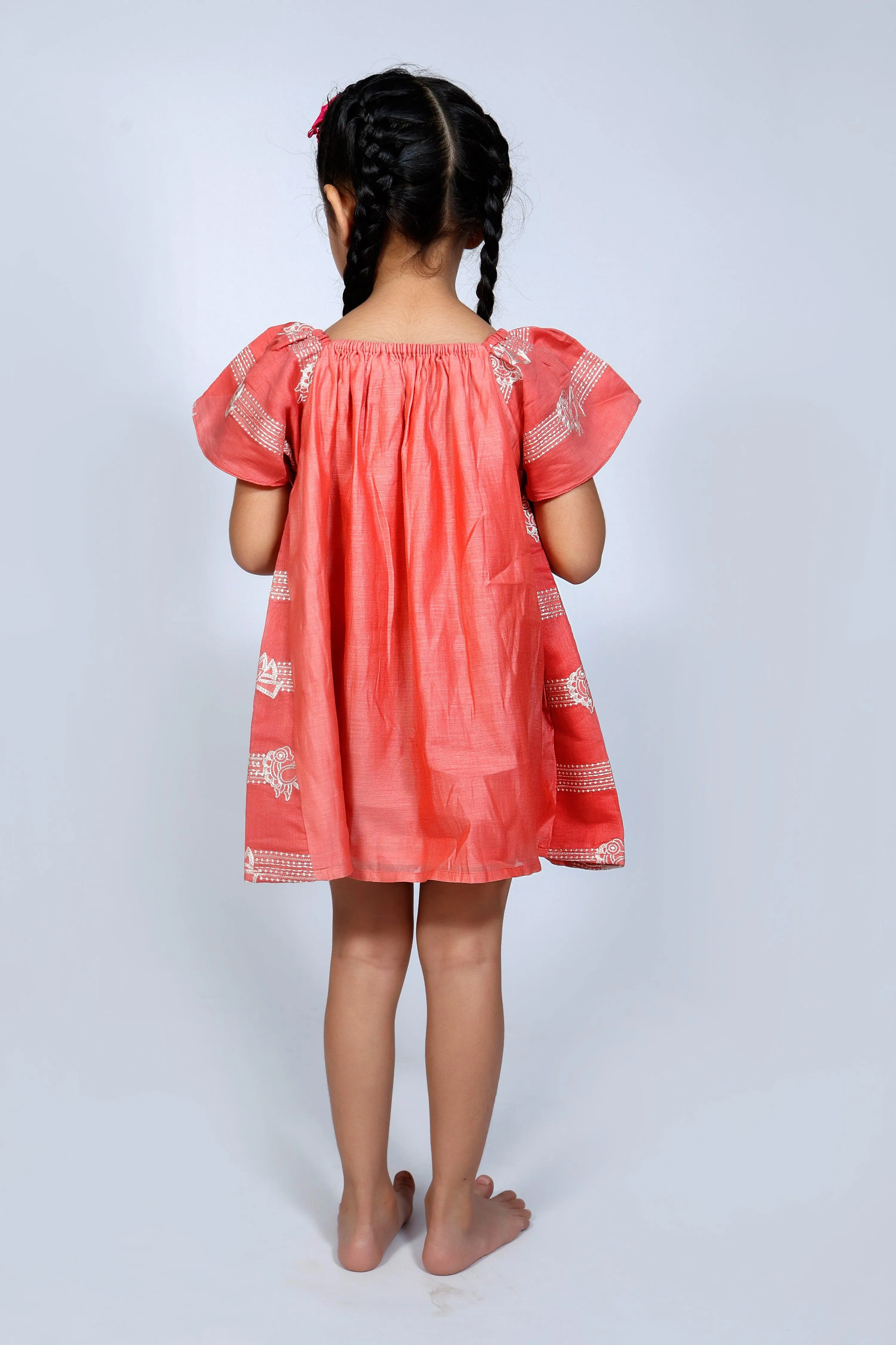 Designer Chanderi Dress with Embroidered Frills for Girls - Red