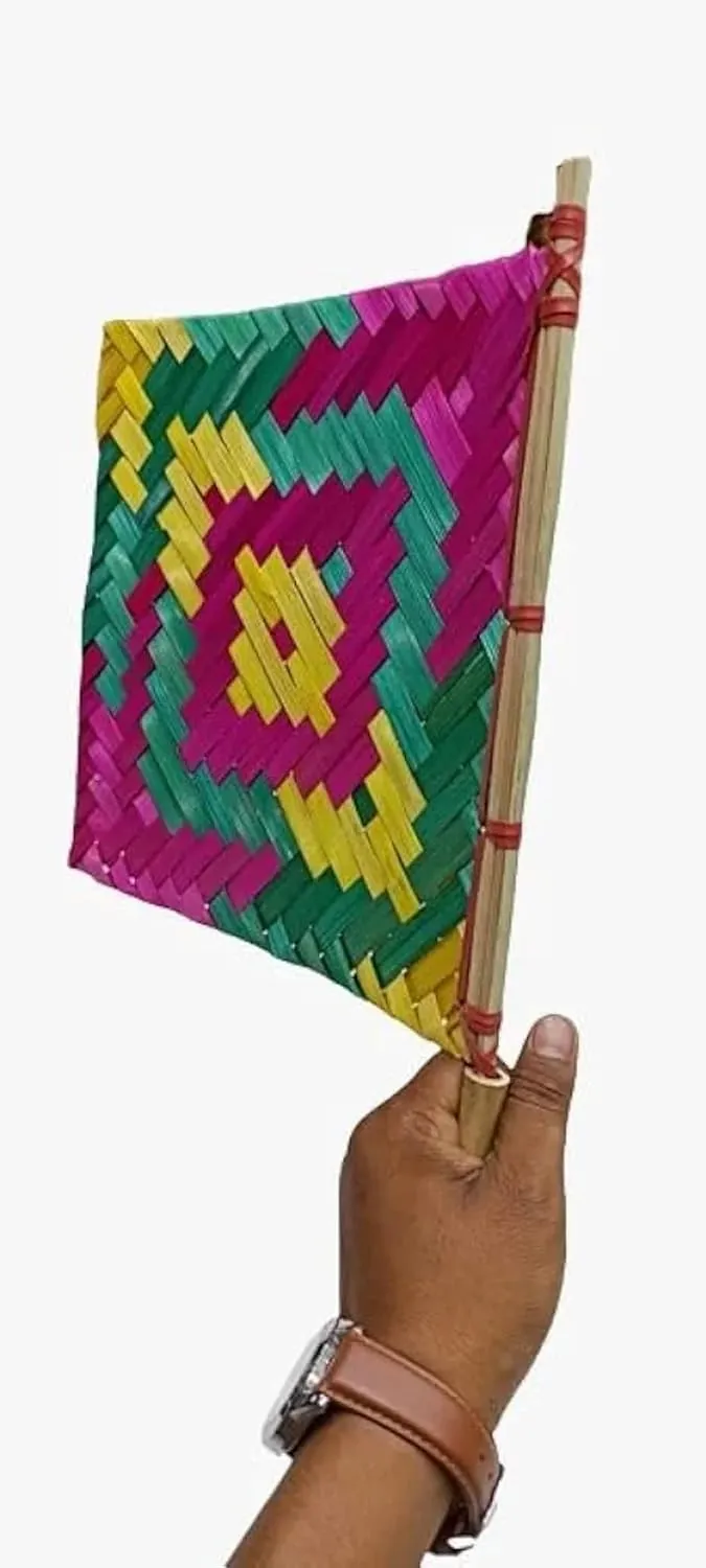 DIGSMORDEN Indian Hand Knitted Handheld Fan Bena Beejna Hand Knit Crafted Handmade Beautiful Natural Hand Held Fan Cool Air, Home Decor and Travel Wooden Fan (PACK OF 2 PCS)