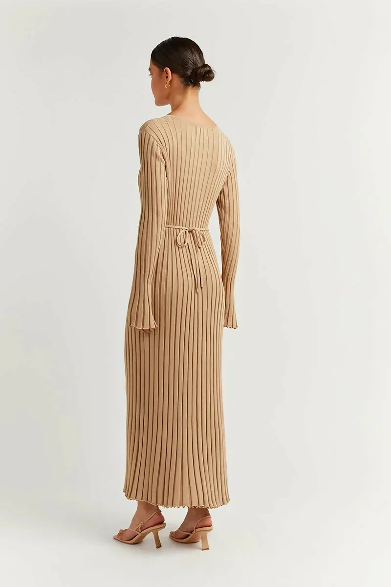 Dissh Reign Sleeved Knit Midi Dress Beige