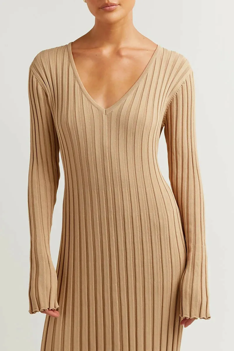 Dissh Reign Sleeved Knit Midi Dress Beige