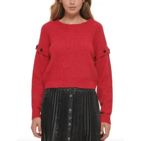 DKNY JEANS Womens Sweater XXS Red Scarlet Crewneck Pullover Button Detail NWT