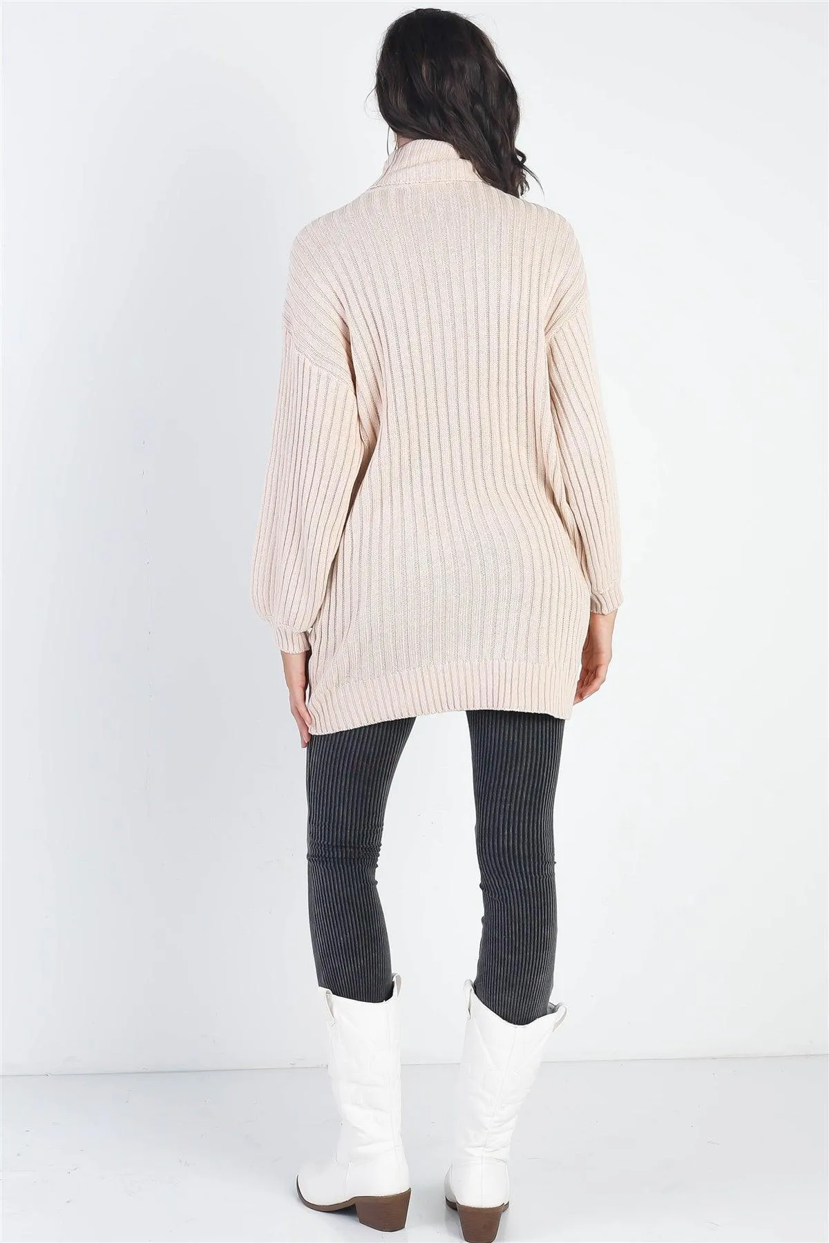 Ecru Cotton Blend Knit Ribbed Turtle Neck Sweater /1-2-2