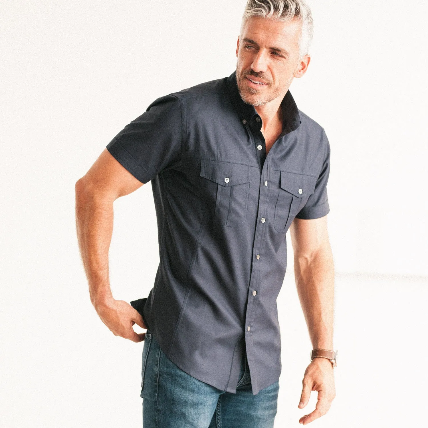 Editor Short Sleeve Utility Shirt – Dark Navy Mercerized Cotton