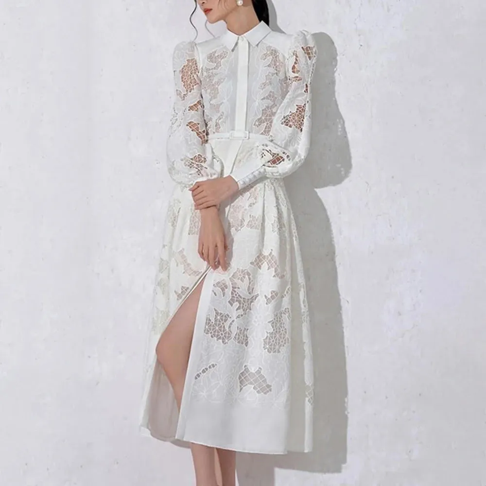 Elegant Embroidery Cut Out Solid Dresses For Women Lapel Puff Sleeve High Waist Patchwork Belt Minimalist Dress Female Style