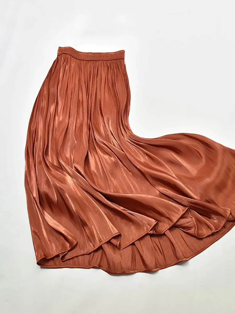 Elegant Solid Midi Pleated Skirt Women Korean High Waist Spring Summer Ladies Satin Maxi Skirt Female Faldas Saia  B-032