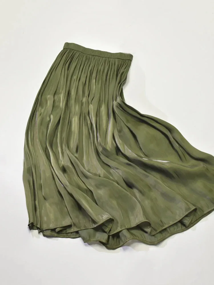 Elegant Solid Midi Pleated Skirt Women Korean High Waist Spring Summer Ladies Satin Maxi Skirt Female Faldas Saia  B-032