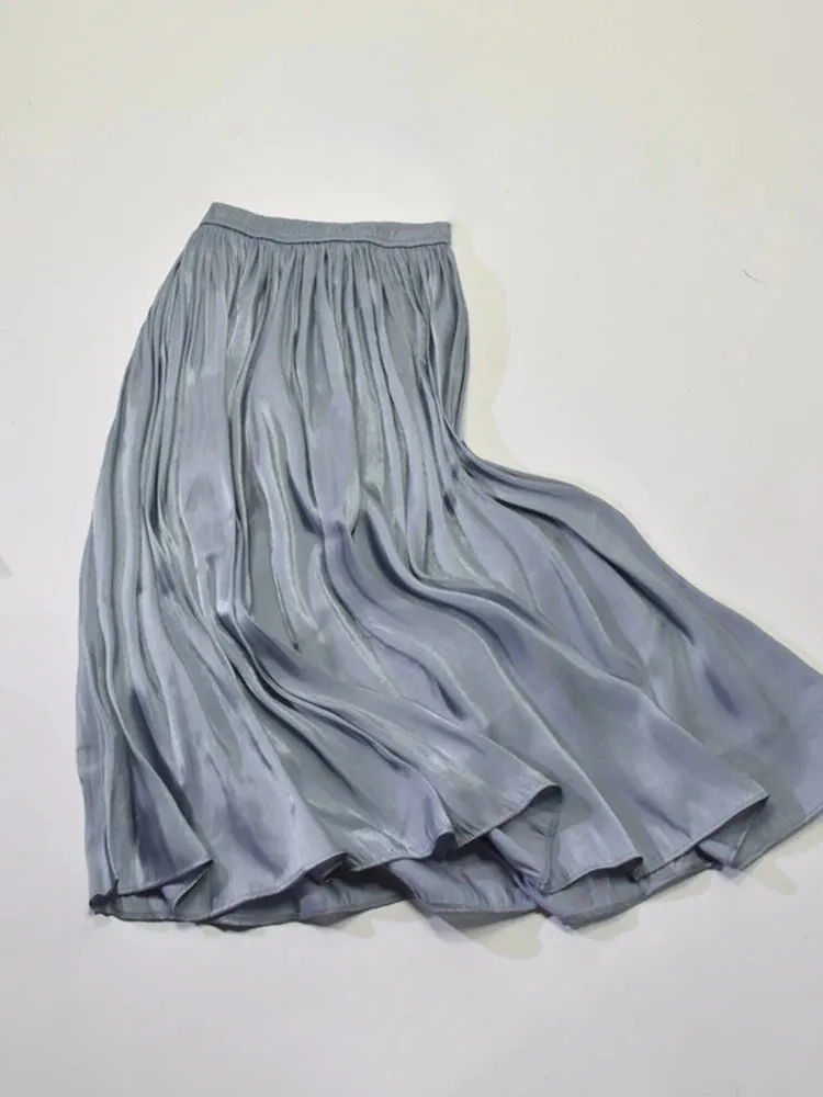 Elegant Solid Midi Pleated Skirt Women Korean High Waist Spring Summer Ladies Satin Maxi Skirt Female Faldas Saia  B-032