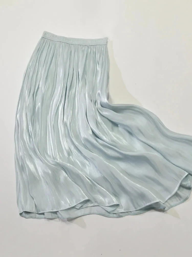 Elegant Solid Midi Pleated Skirt Women Korean High Waist Spring Summer Ladies Satin Maxi Skirt Female Faldas Saia  B-032