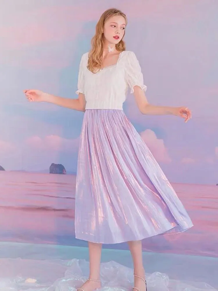 Elegant Solid Midi Pleated Skirt Women Korean High Waist Spring Summer Ladies Satin Maxi Skirt Female Faldas Saia  B-032