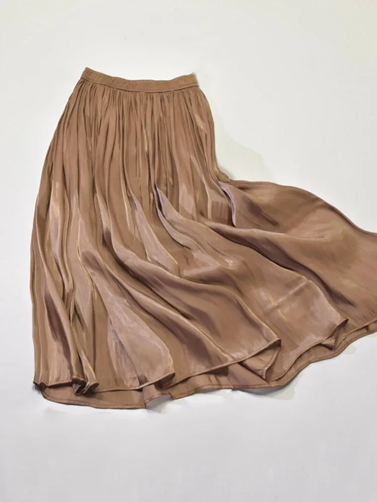 Elegant Solid Midi Pleated Skirt Women Korean High Waist Spring Summer Ladies Satin Maxi Skirt Female Faldas Saia  B-032