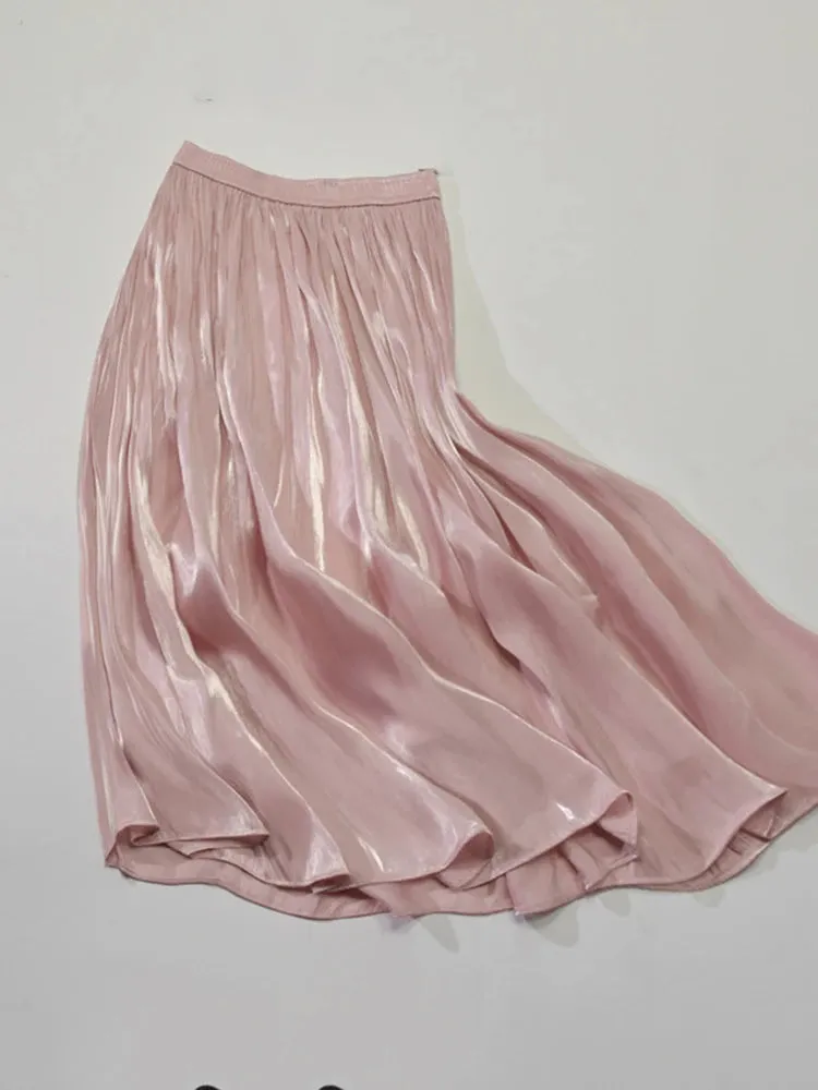 Elegant Solid Midi Pleated Skirt Women Korean High Waist Spring Summer Ladies Satin Maxi Skirt Female Faldas Saia  B-032