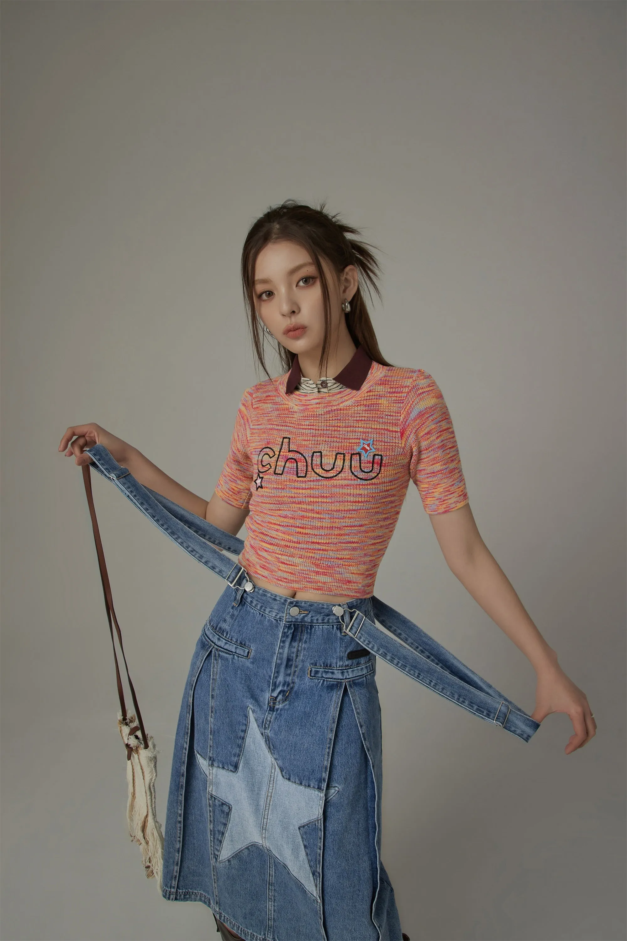 Embroidered Chuu Star Cropped Knit Top