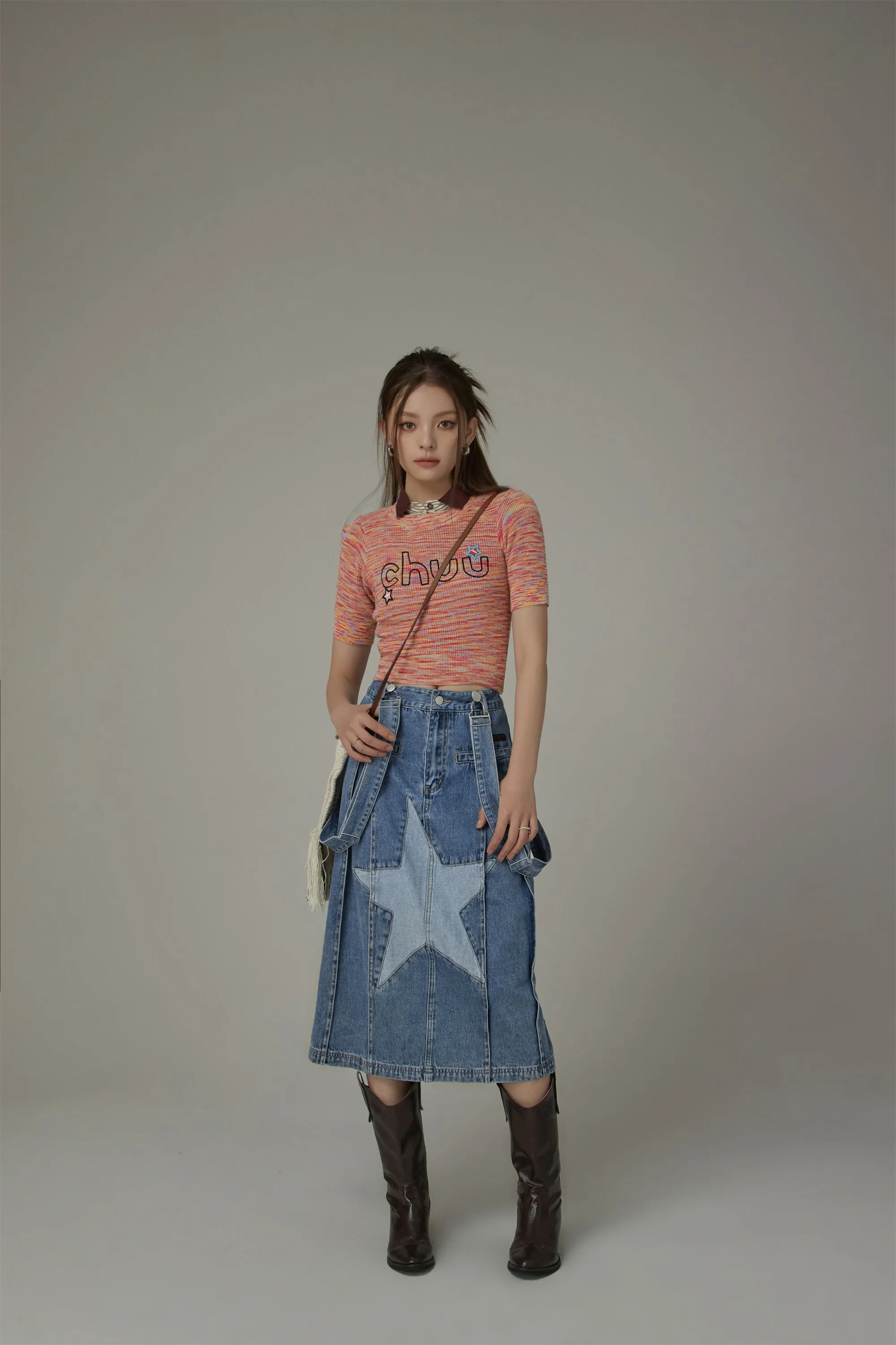 Embroidered Chuu Star Cropped Knit Top