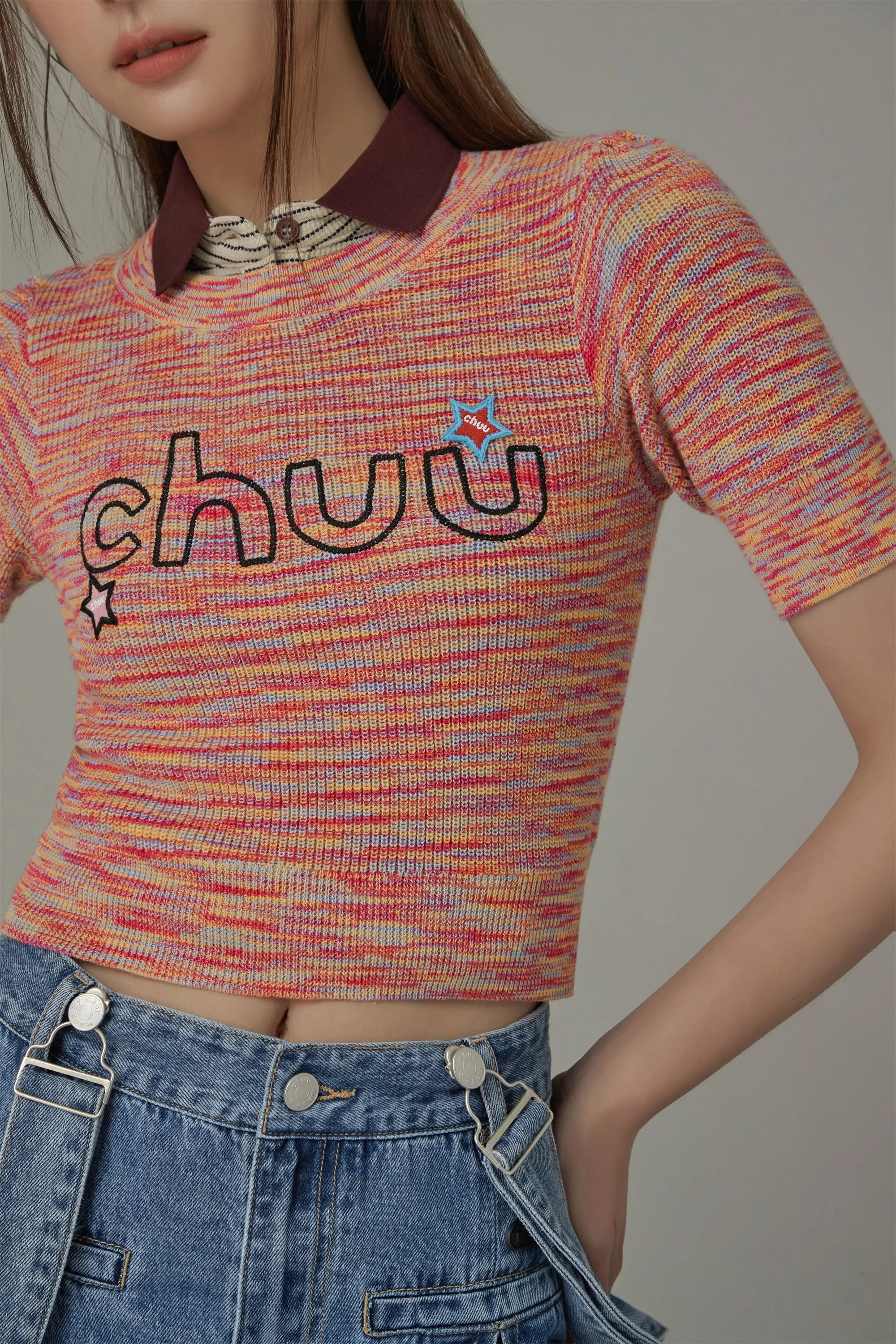 Embroidered Chuu Star Cropped Knit Top